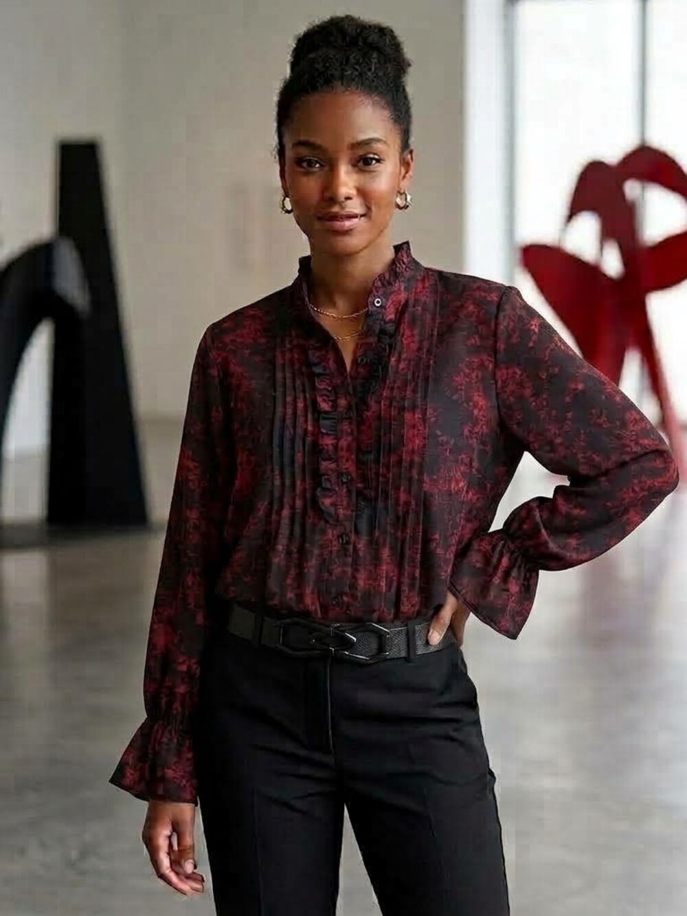 Blouse Burgundy Black feminine ruffle long sleeve sheer floral lined Size M